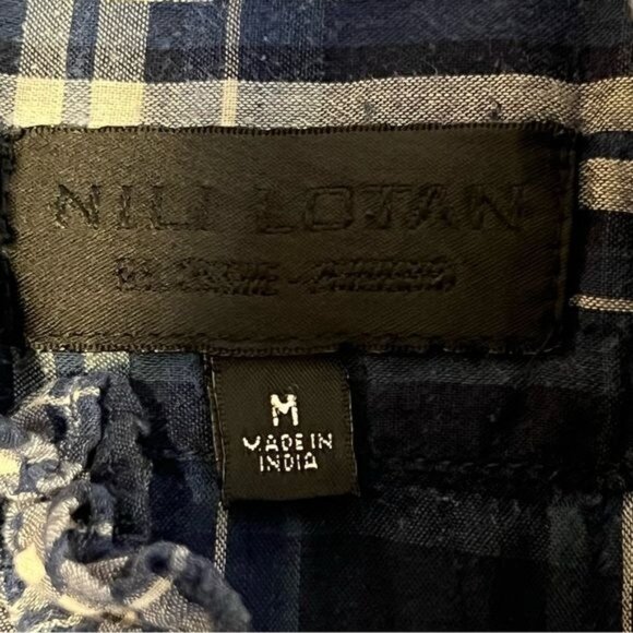 Nili Lotan Vivian Tribeca Design Shirt Navy White Plaid Ruffle Neck Medium - Picture 10 of 12